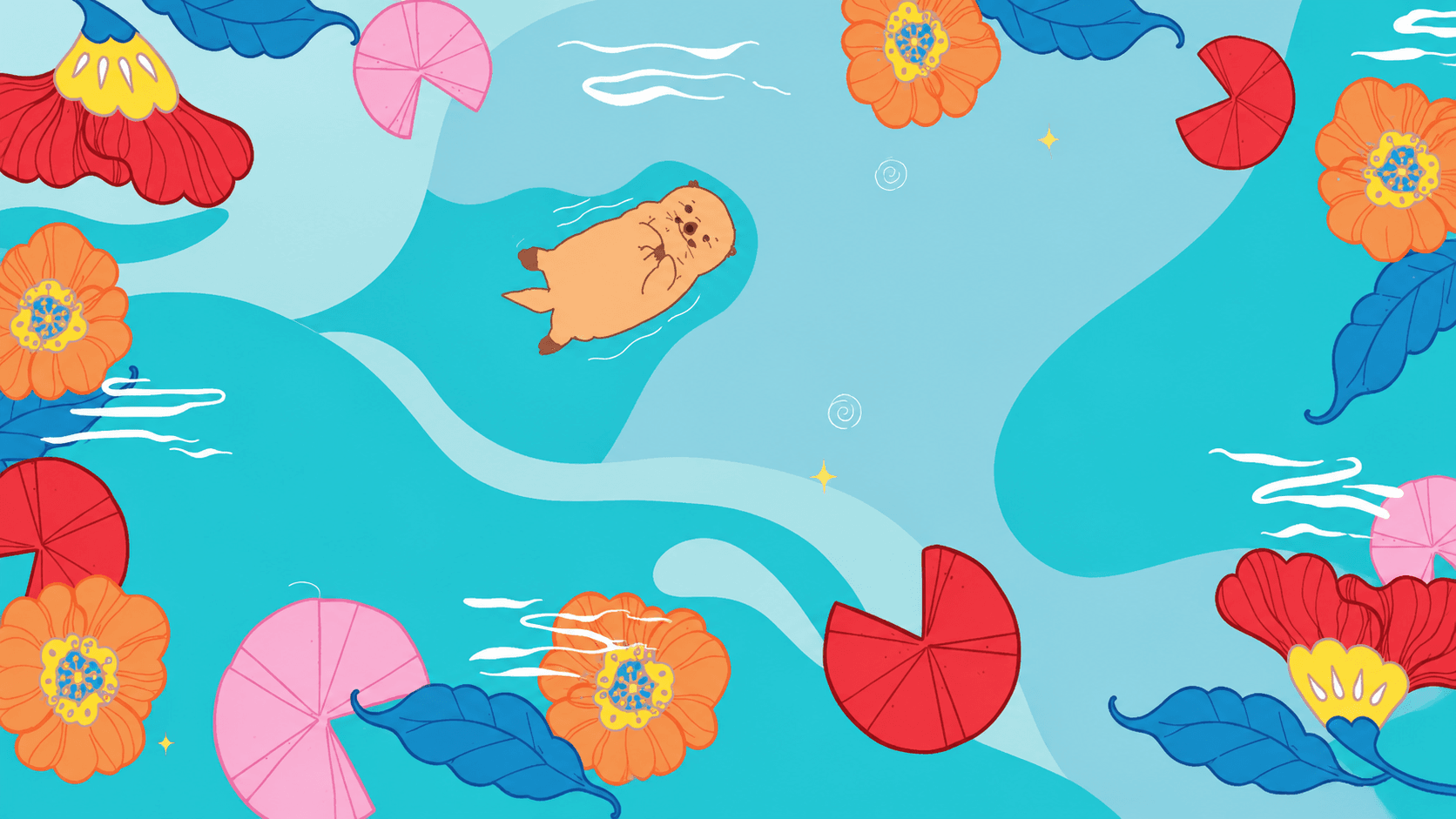 An illustration of a cute otter floating on its back in a blue river surrounded by colorful flowers and lily pads.