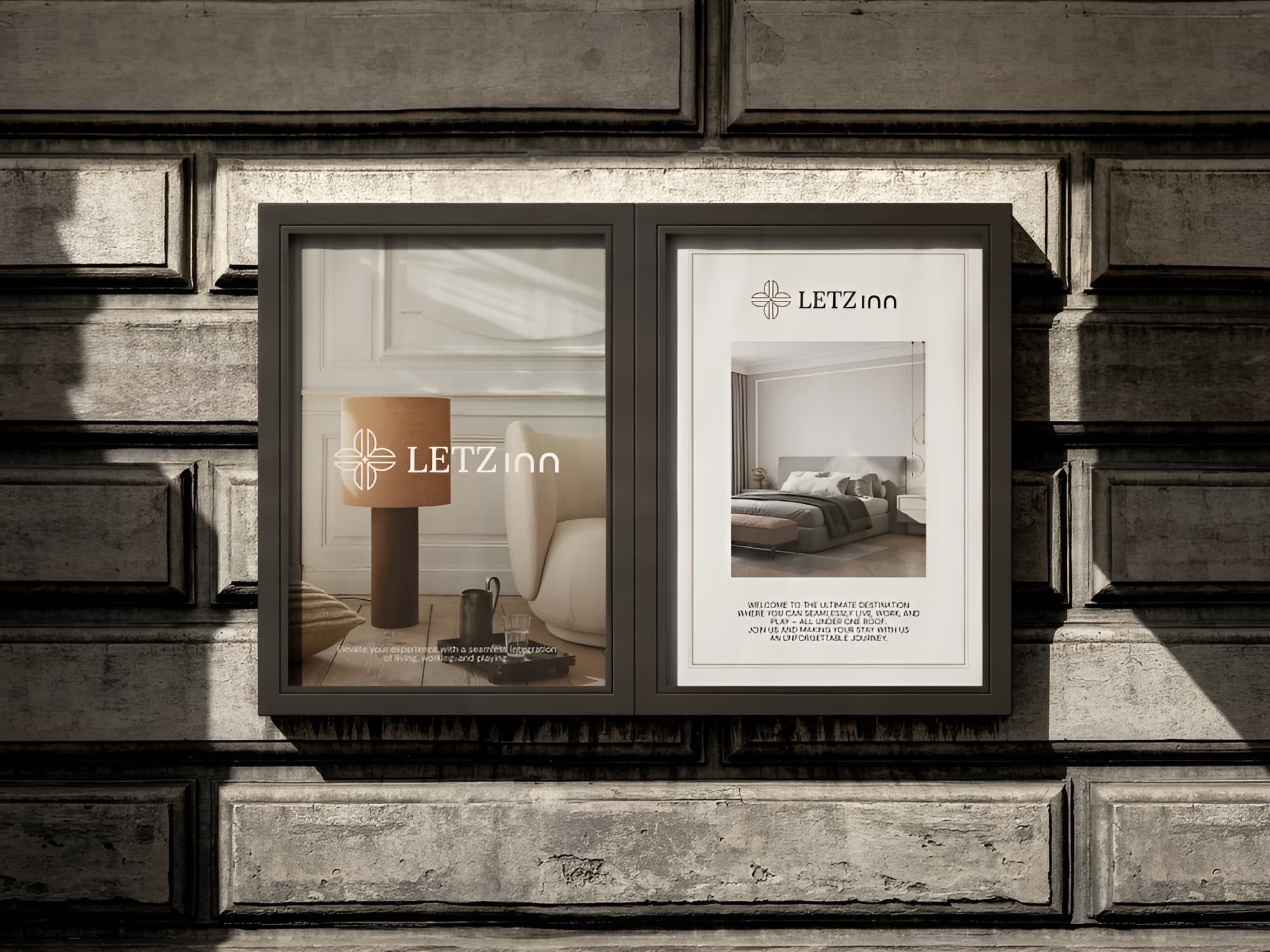 Sepia storefront window ad for LETZ Inn showing a cozy living room with sofa, chair, and lamp inside a framed display on a stone facade.