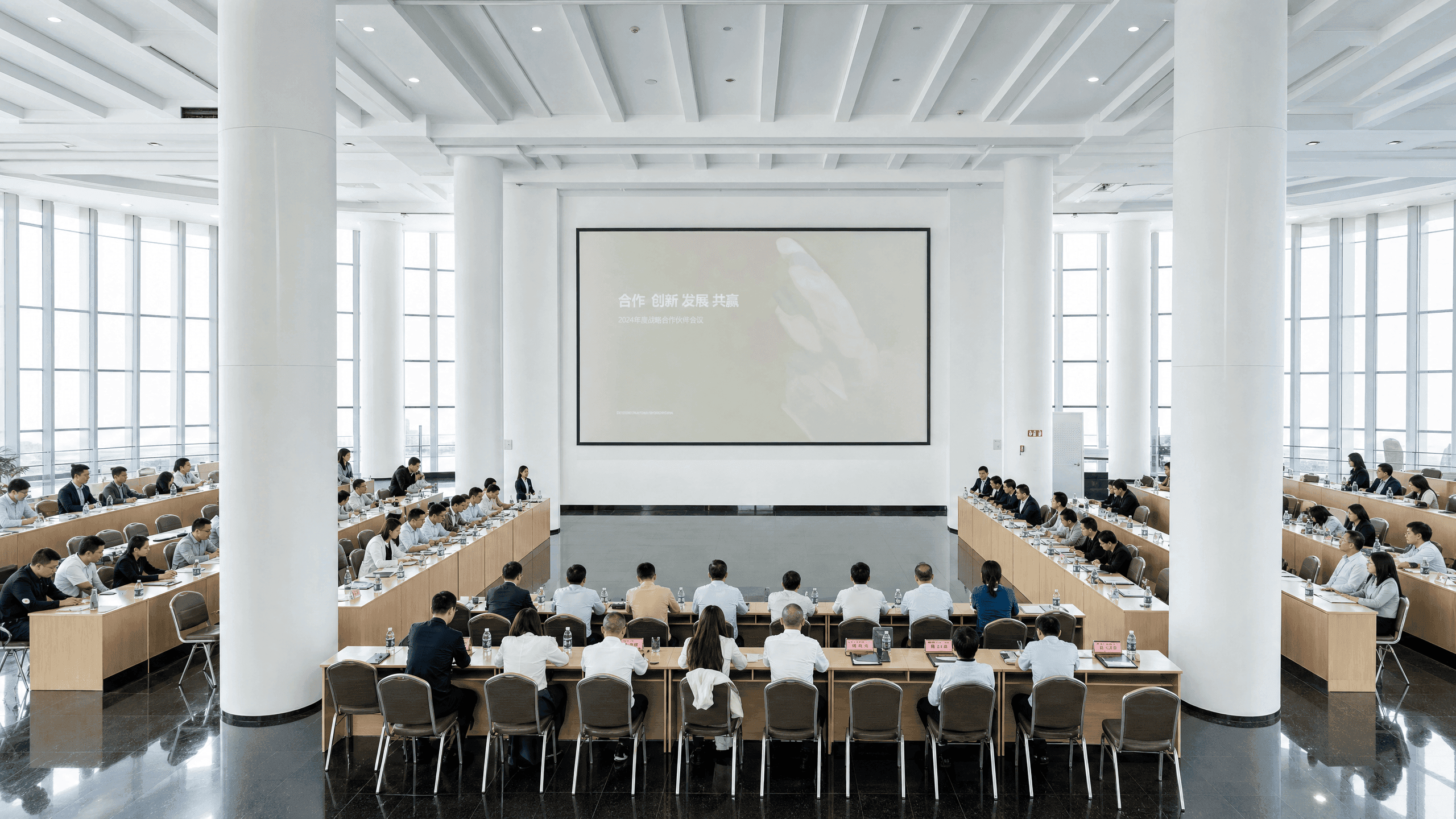 Large conference room with attendees seated around U-shaped desks facing a central projection screen.