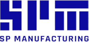 Logo for SP Manufacturing featuring bold blue stylized letters "SPM" above the words "SP MANUFACTURING" in blue capital letters.