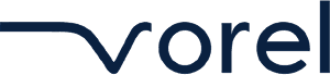 Logo featuring the word “vorel” in dark blue lowercase letters, with the “v” stylized as a curved line extending from the left.