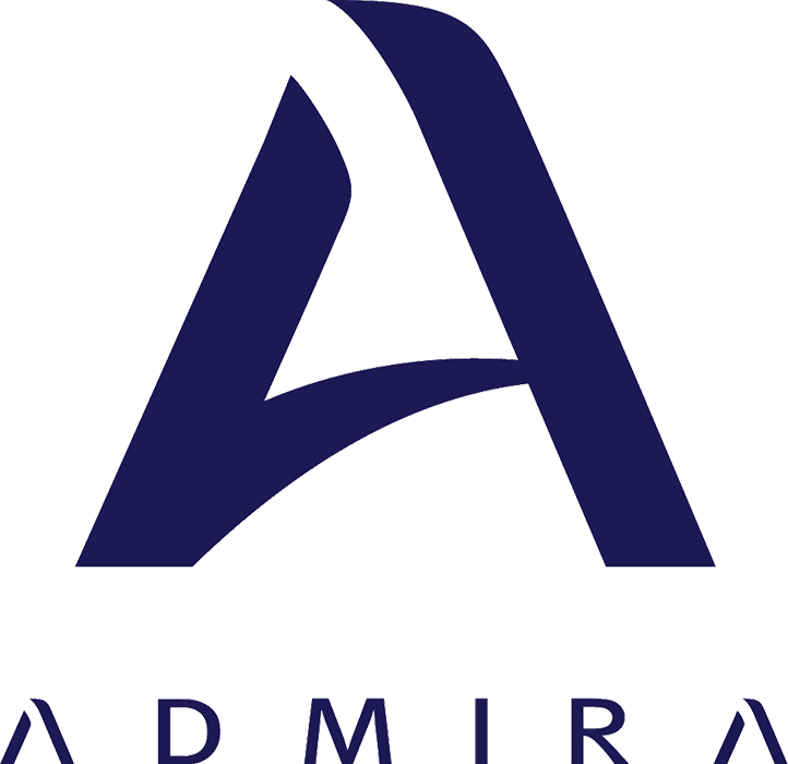 Logo featuring a bold, stylized dark purple letter 'A' with the word ADMIRA in uppercase beneath it