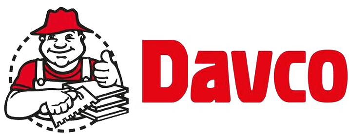 Davco logo: cartoon lumberjack in a red hat and overalls gives a thumbs up beside a pile of planks, with the red 'Davco' text to the right.