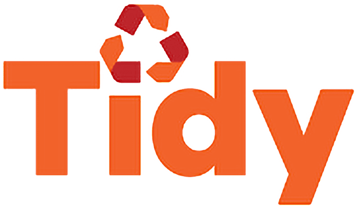 Tidy logo with the word 'Tidy' in orange and a recycling symbol above the 'i', signaling eco-friendly or recycling-focused branding.