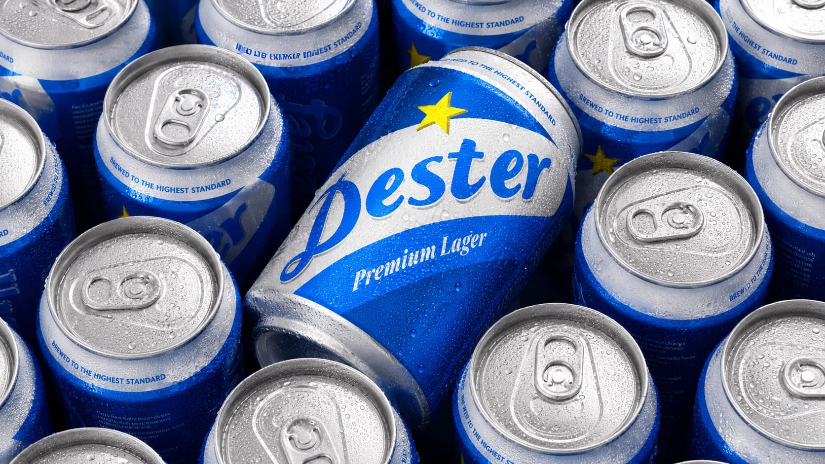 Close-up of a blue can labeled 'Dexter Premium Lager' with water droplets among other blue cans.