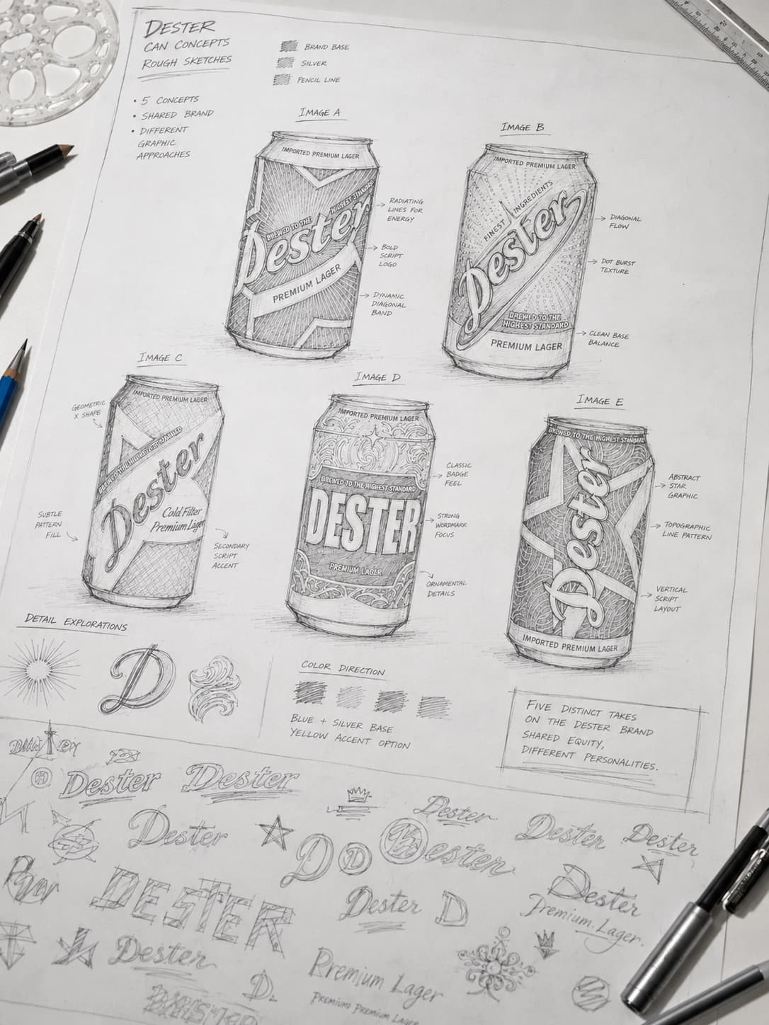 Sketch sheet showing five can designs for 'Dester' premium lager with annotations and branding notes (Images A–E).