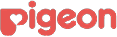 Pigeon brand logo in red text featuring a heart shape integrated into the letter P
