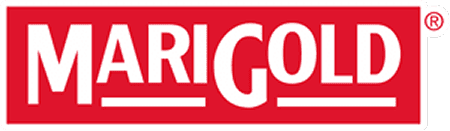 Marigold logo in white on a red background, with enlarged M and G letters and white underlines beneath ari and old