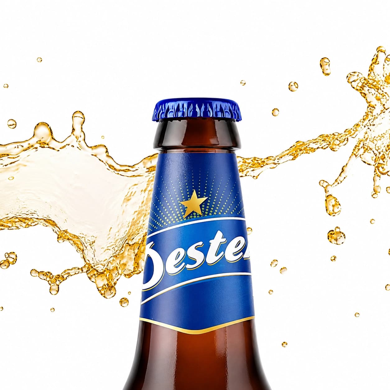 Blue beer bottle with a dramatic amber splash behind it, front view