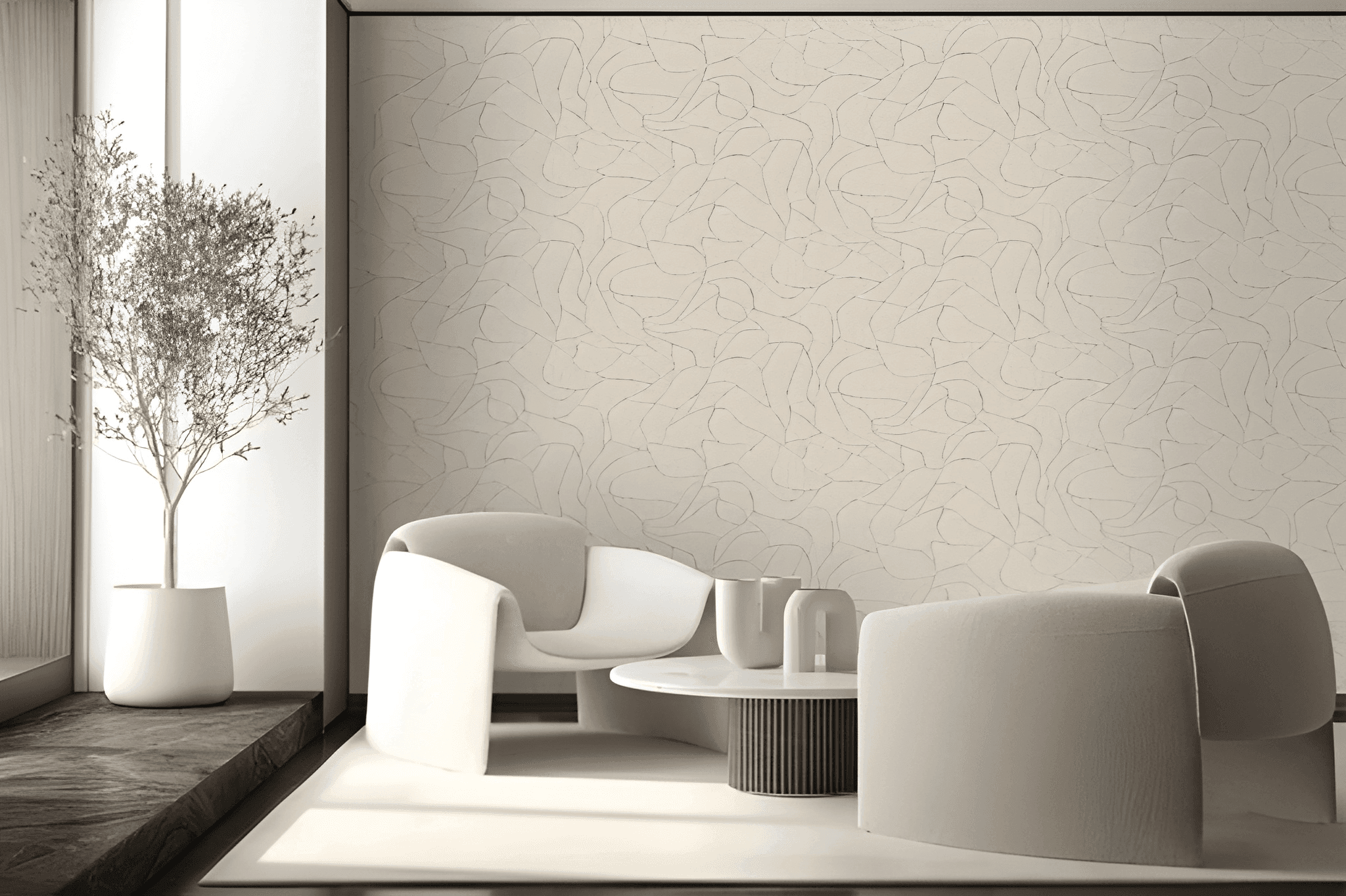 Modern lounge area with white curved chairs, a round table, and a tall potted tree next to a textured patterned wall.