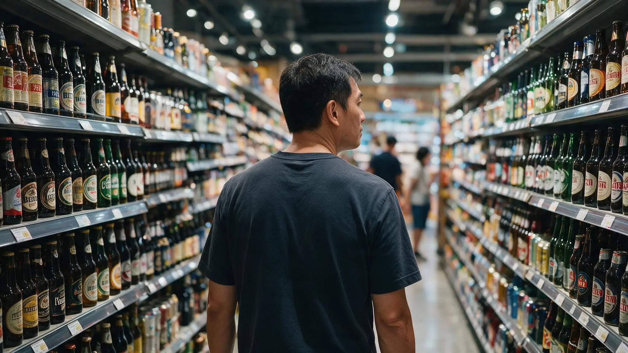 Man wearing a dark shirt stands in a beer aisle, facing right, shelves of bottles on both sides.