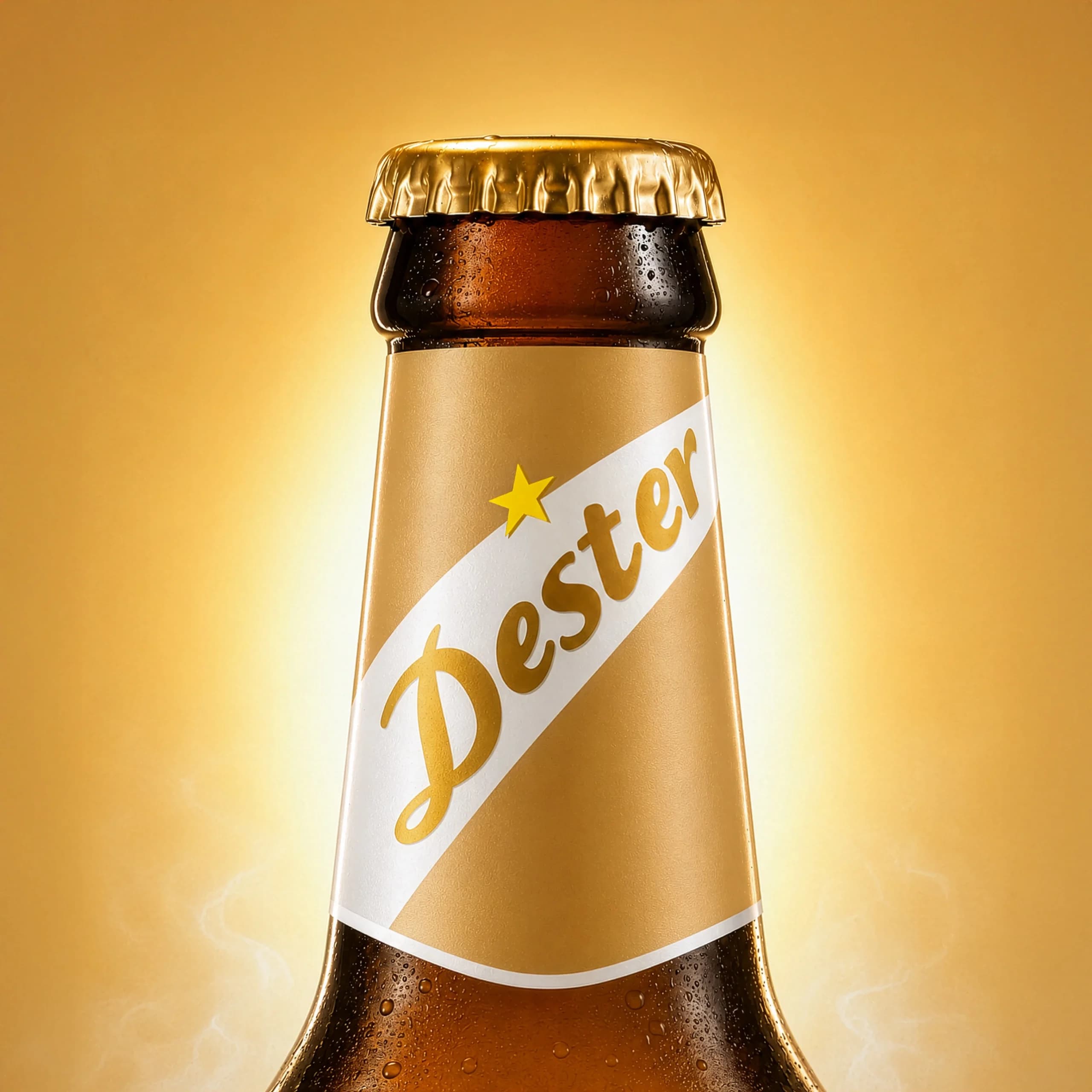 Close-up of a brown beer bottle with a gold crimped cap and condensation on the neck against a warm yellow background.