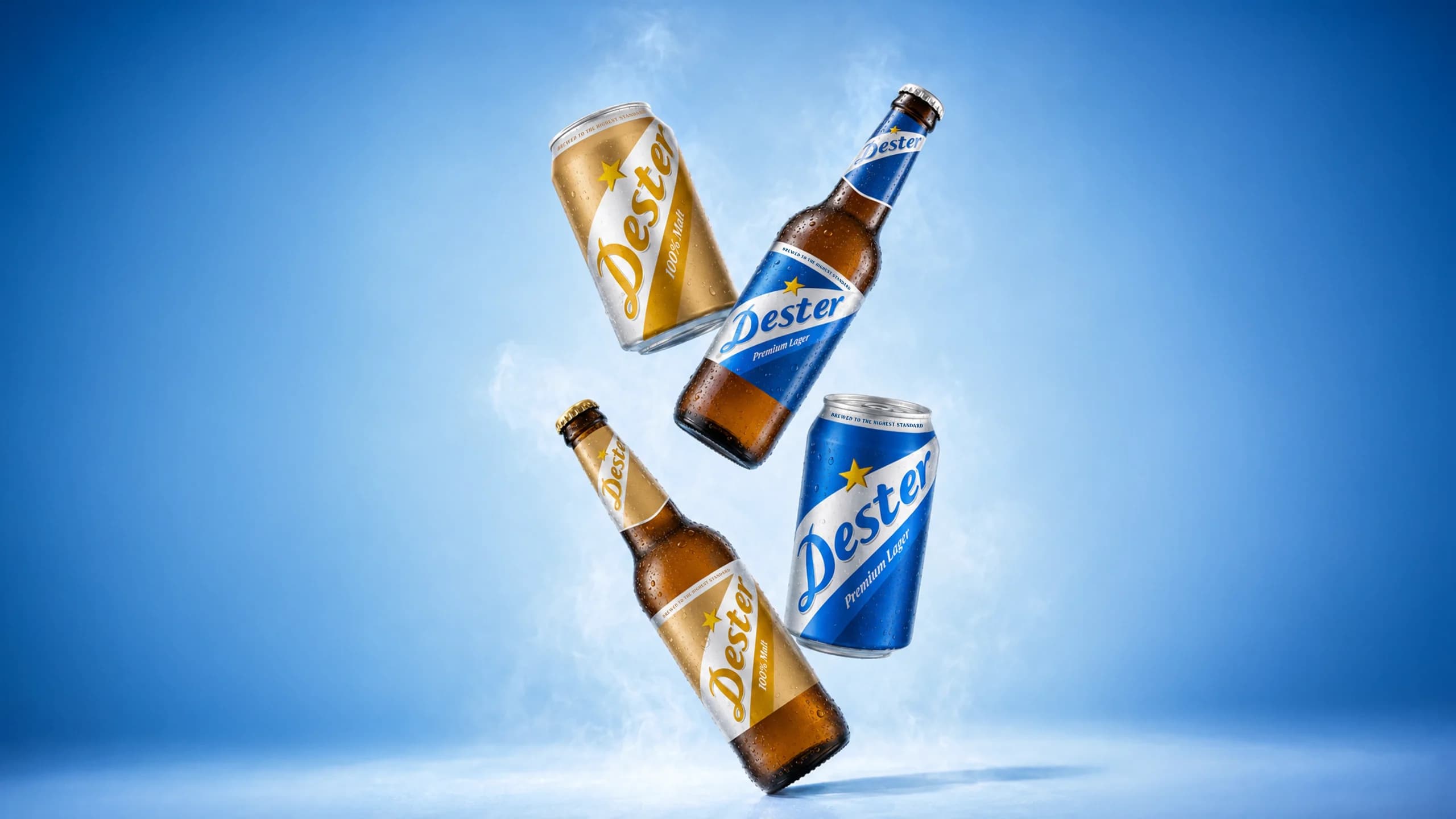Several Dester beer bottles and cans appear to be flying upward against a blue sky backdrop, creating a dynamic soda-float effect.