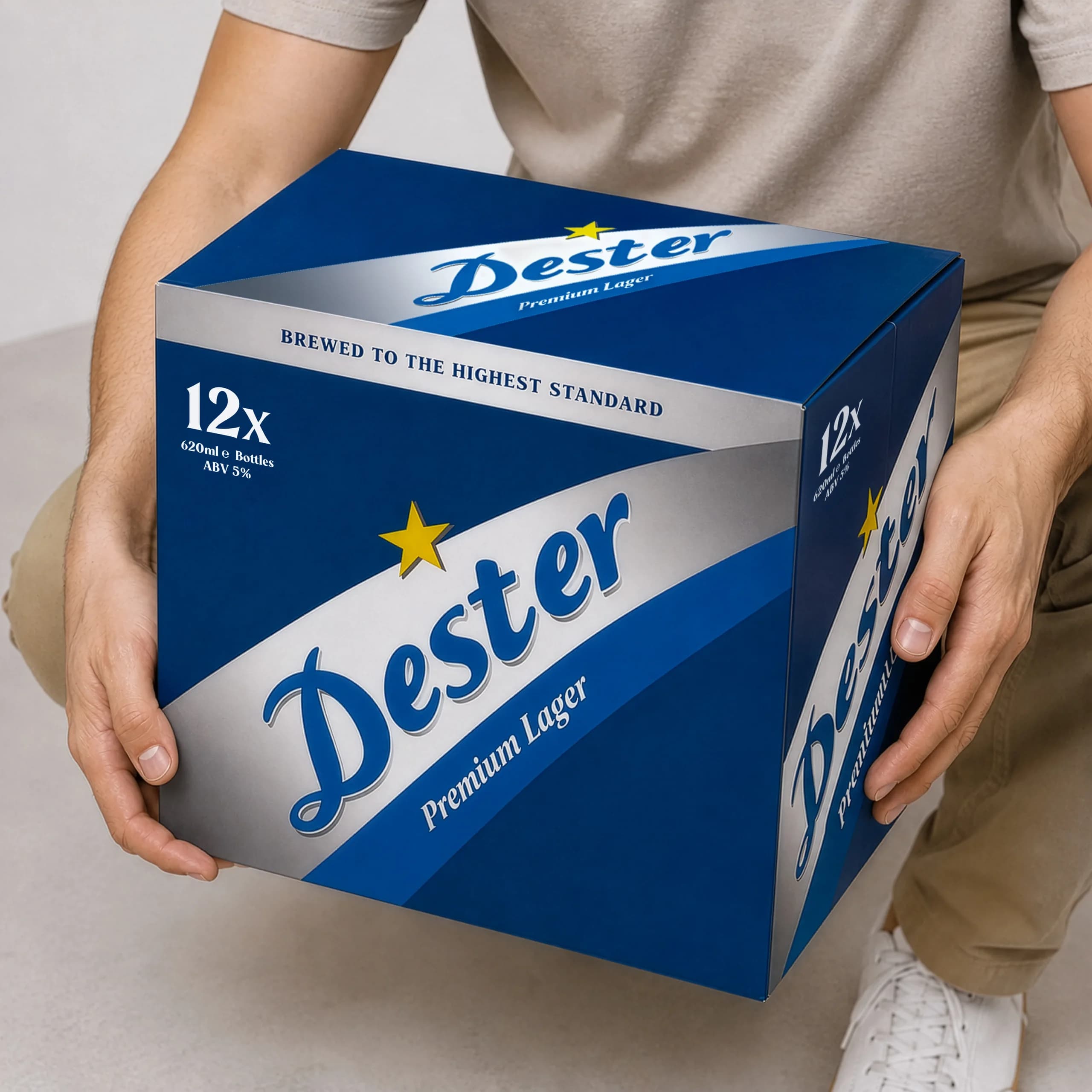 Person holding a blue box labeled 'Dester Premium Lager' with '12x' and bottle details visible on the side, hands gripping the box.