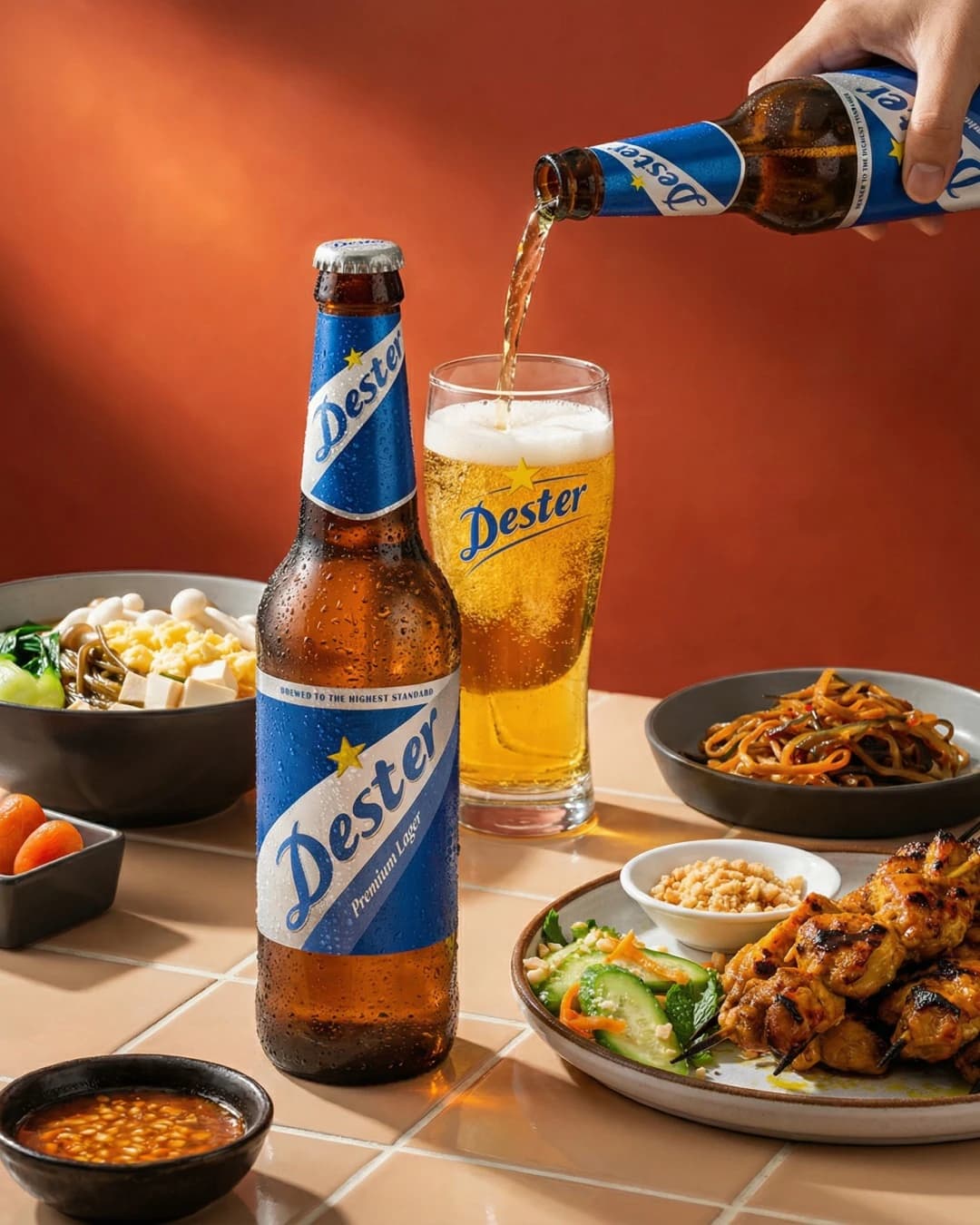 Hand pours beer from a blue-labeled Dester bottle into a glass on a tiled table surrounded by plates of food.