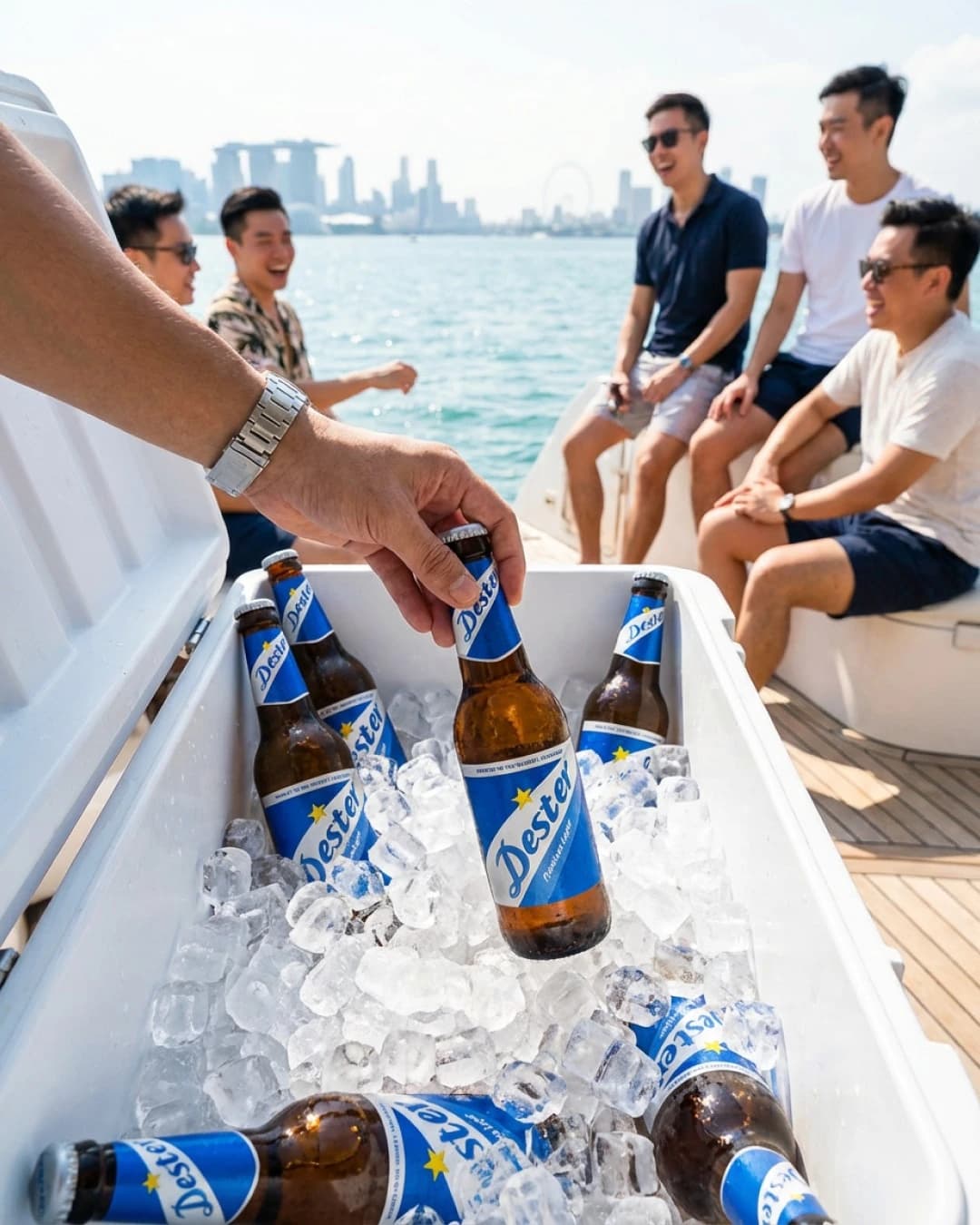 Friends on a sunny boat with a cooler of ice and Desperados beer bottles in the foreground.