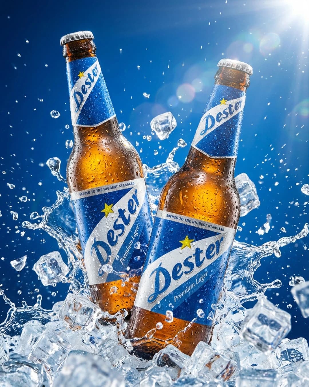 Two beer bottles with blue labels chilling in a bed of ice, water droplets and splashes around a blue background.